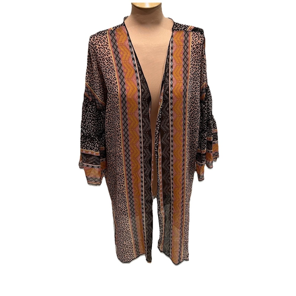 Democracy‎ Animal Print Sheer Kimono Cardigan Ruffle Bell Sleeve Bohochic Hippie